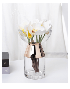 Glass Vase with Electroplated Copper Ring, 12" 9" 6" Sizes Tabletop Decor