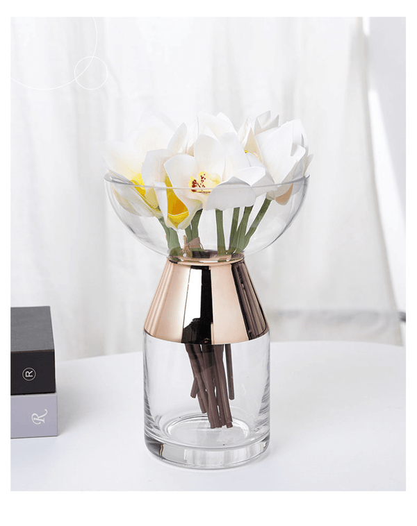 Glass Vase with Electroplated Copper Ring, 12" 9" 6" Sizes Tabletop Decor
