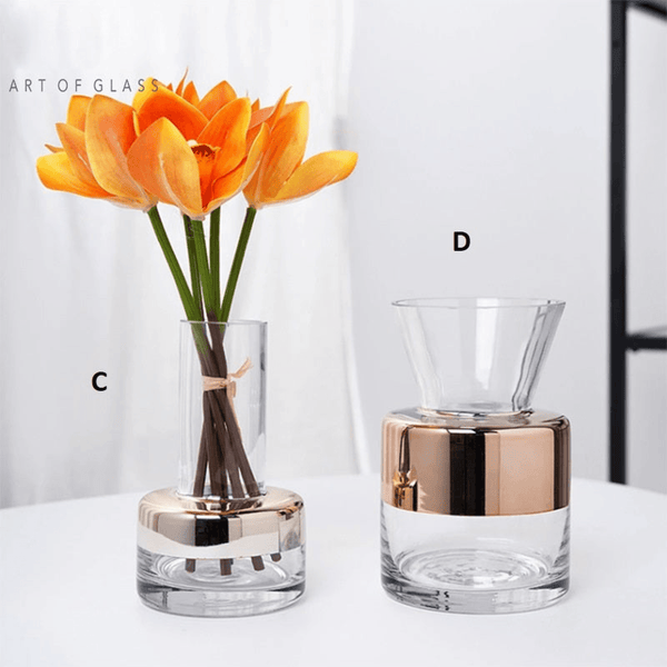 Glass Vase with Electroplated Copper Ring, 12" 9" 6" Sizes Tabletop Decor