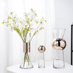 Glass Vase with Electroplated Copper Ring, 12" 9" 6" Sizes Tabletop Decor