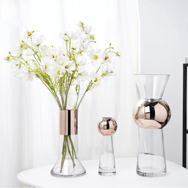 Glass Vase with Electroplated Copper Ring, 12" 9" 6" Sizes Tabletop Decor