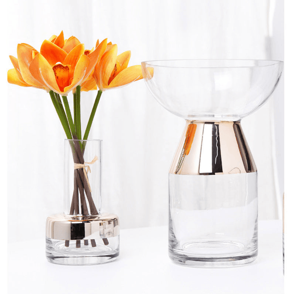 Glass Vase with Electroplated Copper Ring, 12" 9" 6" Sizes Tabletop Decor