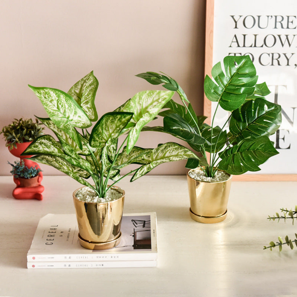 Golden Ceramic Planter with Faux Plant - 18" High by Sona Casa