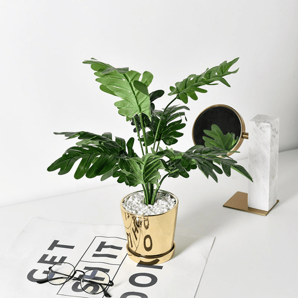 Golden Ceramic Planter with Faux Plant - 18" High by Sona Casa