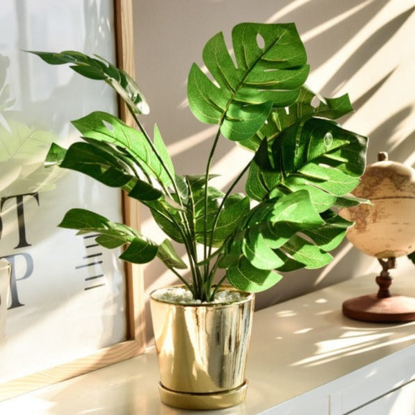 Golden Ceramic Planter with Faux Plant - 18" High by Sona Casa
