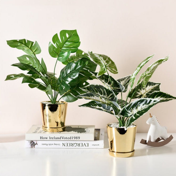Golden Ceramic Planter with Faux Plant - 18" High by Sona Casa