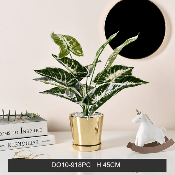 Golden Ceramic Planter with Faux Plant - 18" High by Sona Casa