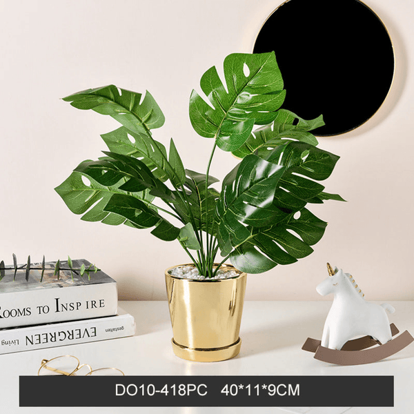 Golden Ceramic Planter with Faux Plant - 18" High by Sona Casa