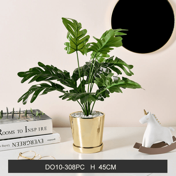 Golden Ceramic Planter with Faux Plant - 18" High by Sona Casa