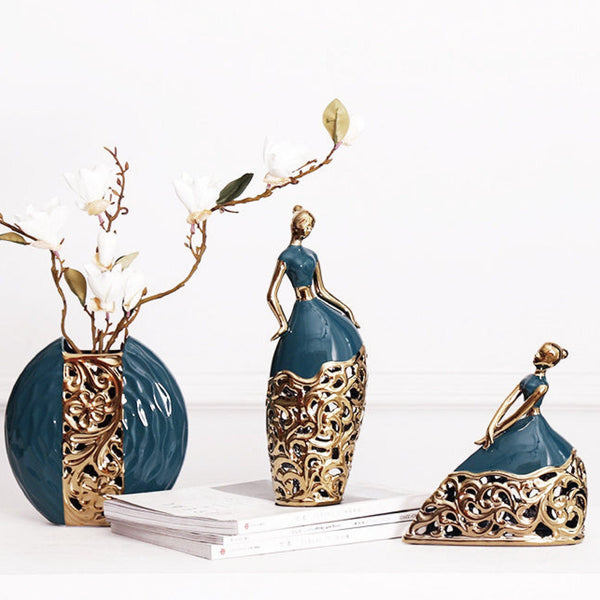 2 Pc Green and Gold Ceramic Dancer Figurines, Coffee Table Decor, Unique Gift, Centerpiece, Home Decor, Countertop Decor, Gift by Accent Collection