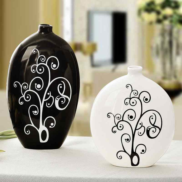 Black and White Oval Vase Set, 10" and 8" Set of 2 Flower Pots