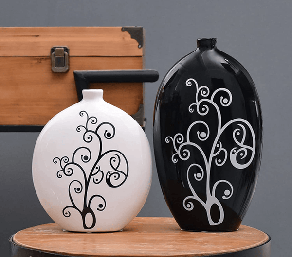 Black and White Oval Vase Set, 10" and 8" Set of 2 Flower Pots