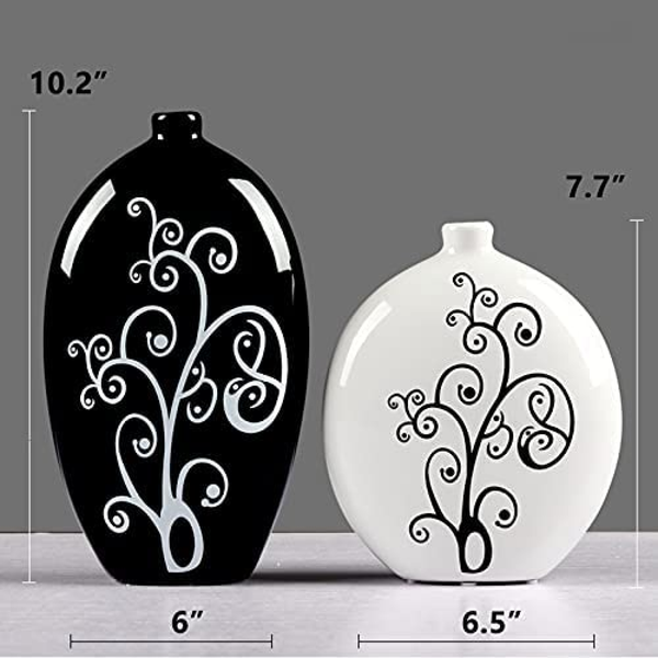 Black and White Oval Vase Set, 10" and 8" Set of 2 Flower Pots