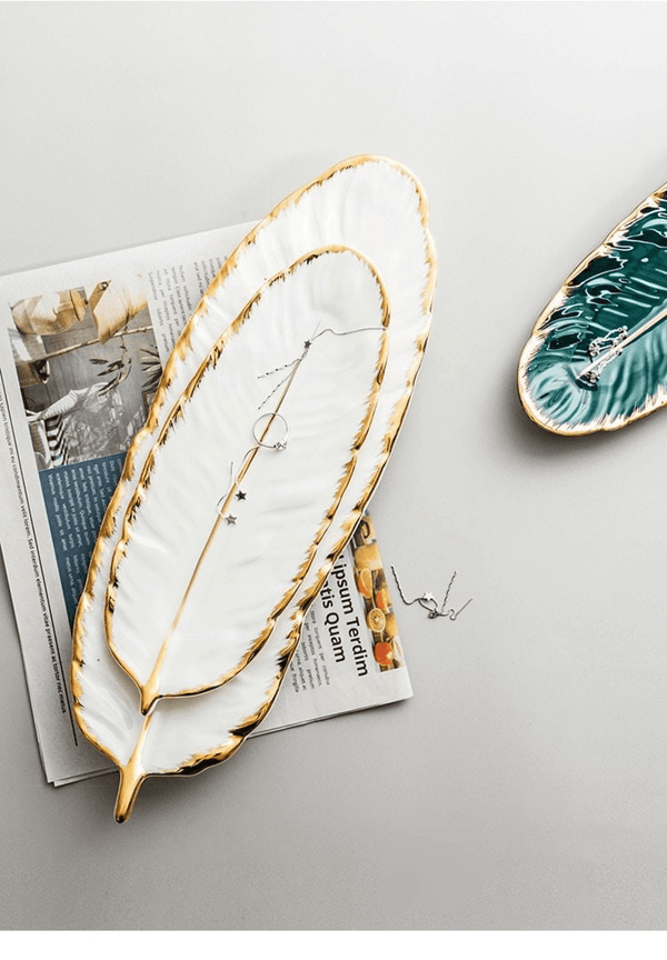 2 Pcs Ceramic Decorative Trays, Jewelry Tray, Dish Plates Snacks Feather Tabletop Home Kitchen, Vanity, Party Decor Ornament Organizer by Accent Collection