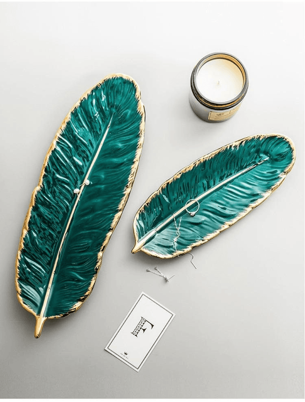 2 Pcs Ceramic Decorative Trays, Jewelry Tray, Dish Plates Snacks Feather Tabletop Home Kitchen, Vanity, Party Decor Ornament Organizer by Accent Collection